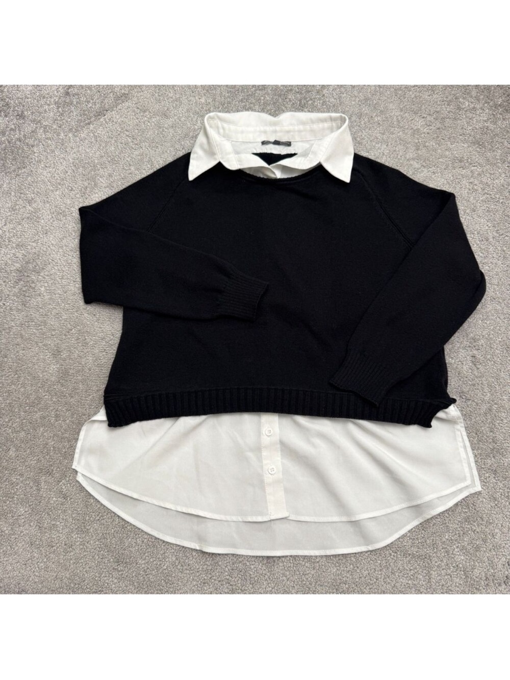 Adrianna Papell Black Layered-Look Crewneck Sweater with White Shirt Detail - Picture 2 of 13